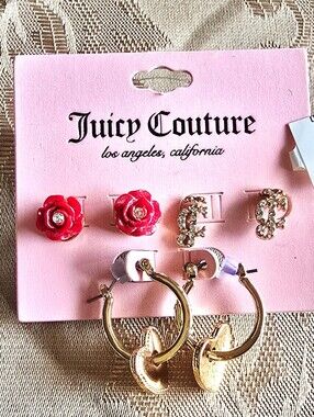 Juicy Couture Gold Logo Red Rose Earring Set
